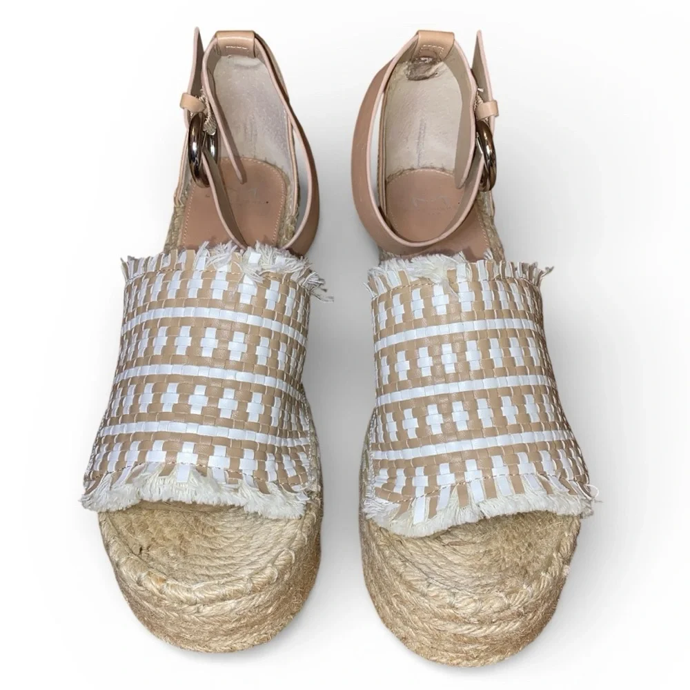 MARC FISHER “Andrew” Espadrilles Woven Wedge Platform Sandals in Tan White SZ 9M